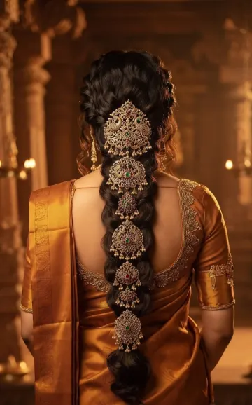​"Golden Elegance: Traditional South Indian Bridal Jadanagam Hairstyle"