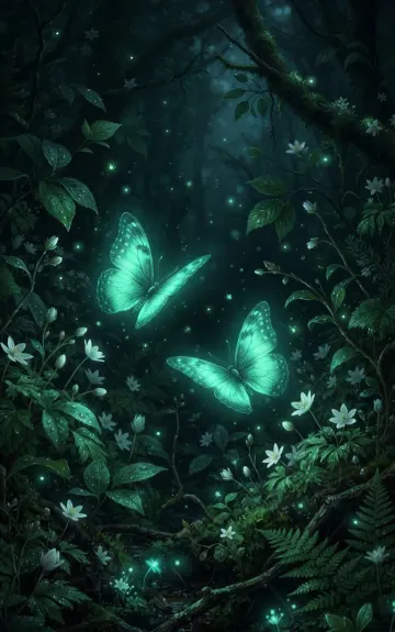 Glowing Teal Green Butterflies on Dark Leaves Aesthetic Nature Wallpaper 4K