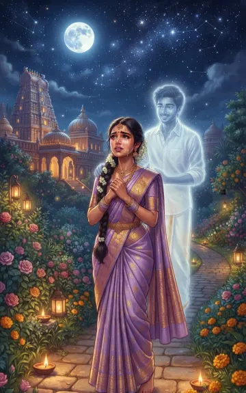 South Indian Girl Lavender Kanjeevaram Saree Moonlight Ghost Digital Art Wallpaper 4K