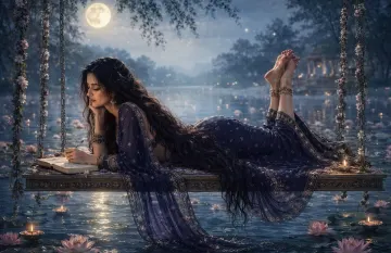 Moonlit Serenity – Woman in Blue Saree on Floating Swing