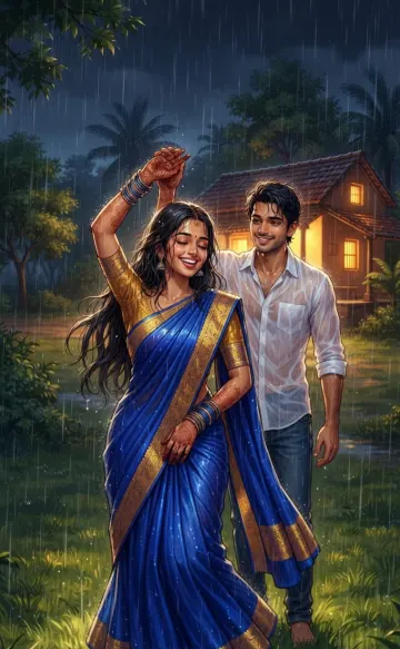 Rain Dance Blue Saree | Tamil Couple Romantic Night Wallpaper 4K