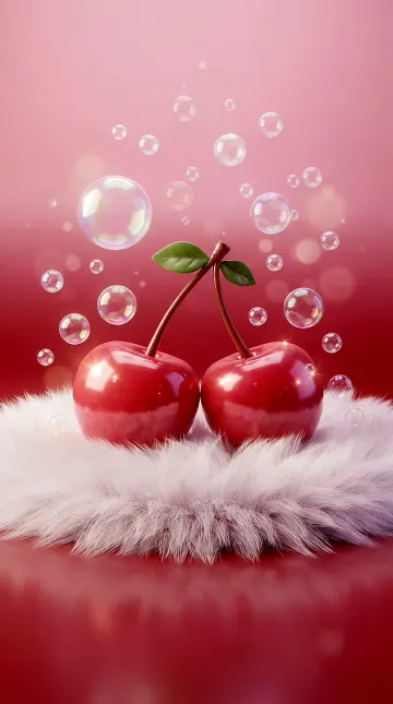 Glossy Red Cherries | Bubbles Kawaii Aesthetic Wallpaper 4K