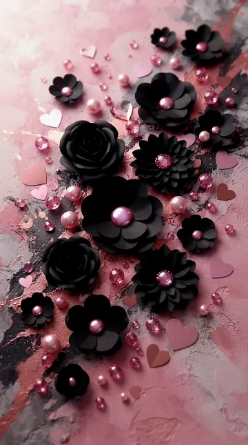 Elegant Black Paper Flowers and Pink Gems on Textured Blush Background 