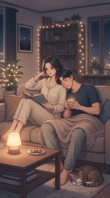 Cozy Night Anime Couple Relaxing on Sofa