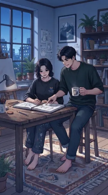 Cozy Night Anime Couple Sketching Together