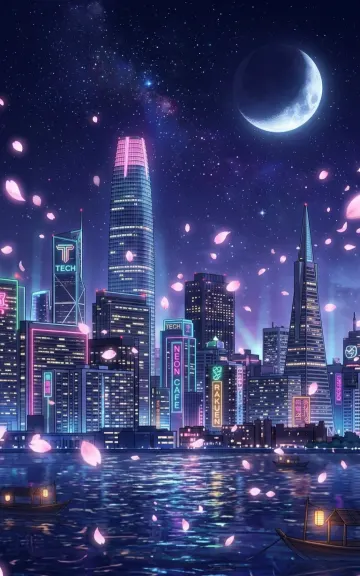 Vibrant Anime Cyberpunk Night City Skyline Wallpaper with Neon Signs and Falling Sakura Petals