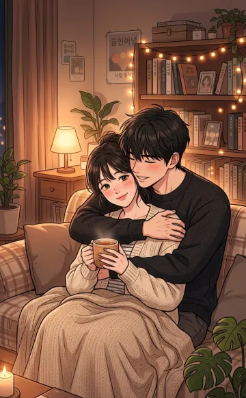 ​Cozy Evening Hug – Romantic Korean Manhwa Style Couple Illustration