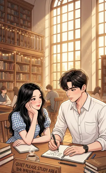 Romantic Korean Webtoon Style Library Study Date Illustration