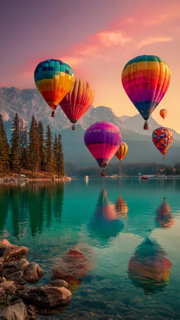 Hot Air Balloons Over Lake Wallpaper | Sunset 4K
