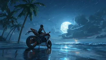 Anime Bike Moonlit Beach Night Wallpaper | Mystical 4K
