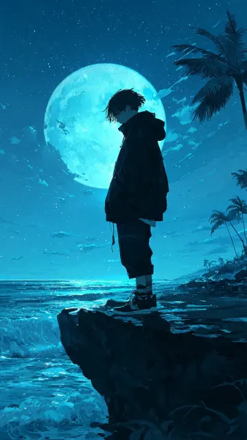 Anime Boy Standing Cliff Night Beach Mobile Wallpaper | Moonlight 4K