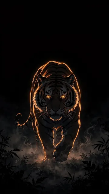 Anime Tiger Walking Dark AMOLED Wallpaper | Glowing Outline 4K Vertical