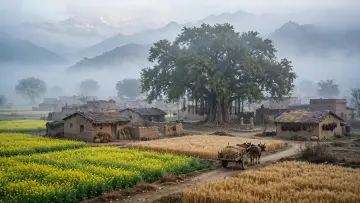 North Indian Village Desktop Wallpaper 4K | Mustard Fields Bullock Cart Himalaya HD