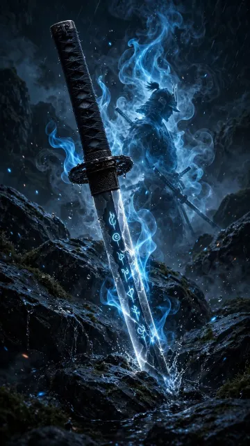 Blue Flaming Katana with Samurai Spirit Smoke | Epic Fantasy 4K Wallpaper 9:16