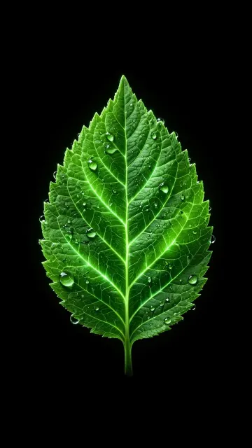 Glowing Green Leaf Dew Drops Veins | Dark AMOLED Leaf Wallpaper 4K 9:16