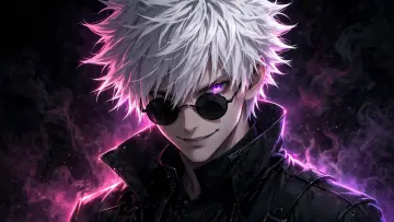 White Hair Anime Boy Purple Eye Glow Wallpaper 4K - Dark Neon Desktop