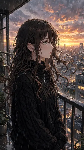 Sad Anime Girl Crying In Rain Sunset City Balcony