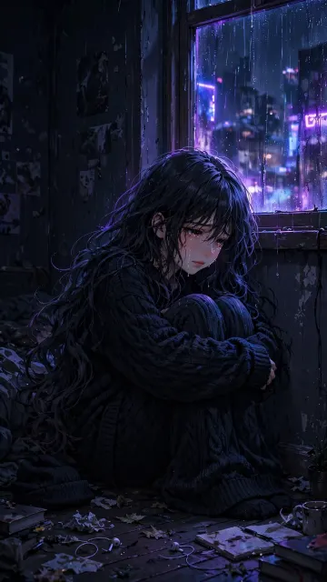 Dark Rainy Night Anime Girl Crying Balcony City Lights Emotional 4K Wallpaper