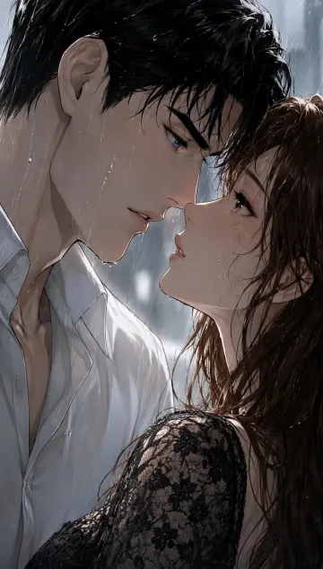 Romantic Anime Couple Rain Black Lace Dress White Shirt Kiss Intimate 4K Wallpaper