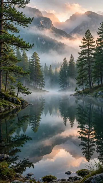 Peaceful Nature Wallpaper 4K - Misty Mountain Lake Sunrise Reflection