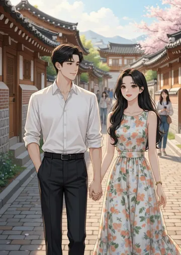 korean-couple-hanok-village-spring-walk