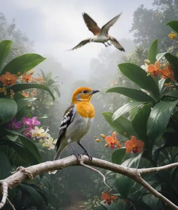 tropical-orange-headed-bird-orchid-jungle