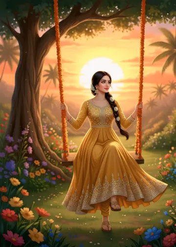 indian woman swinging sunset marigold dress
