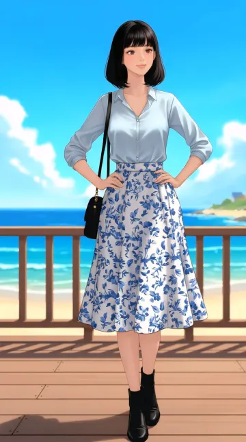 korean-fashion-blue-floral-skirt-beach-style