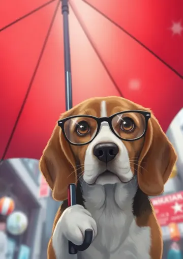 beagle dog in glasses red umbrella rain