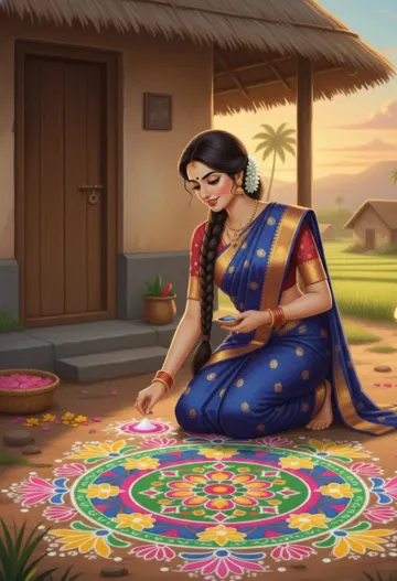 Indian woman making rangoli rural home