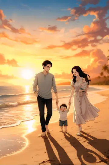 family-beach-walk-sunset