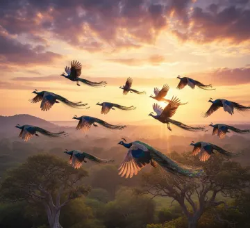 peacocks-flying-sunset-jungle-sky