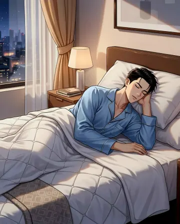 man-sleeping-in-pajamas-city-view-hotel-room
