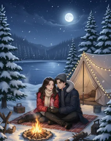 winter-camping-couple-campfire-snow-night