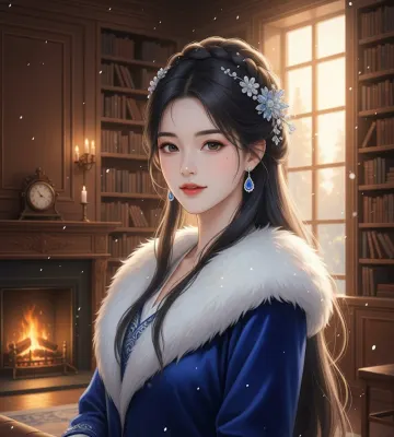 elegant-woman-blue-velvet-fur-winter-library