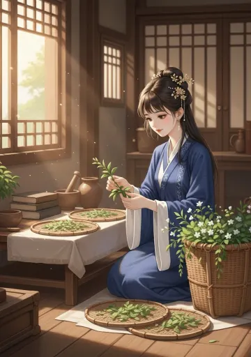 historical-asian-herbal-medicine-woman-blue-robes