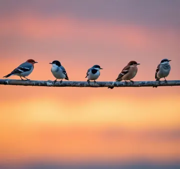 Five-Birds-Sunset-Perch-Silhouettes