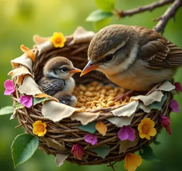bird-nest-mother-chick-feeding-spring