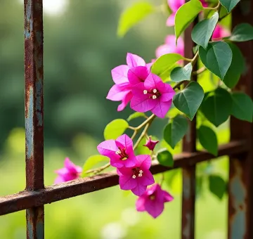 pink-bougainvillea-flowers-rusty-fence