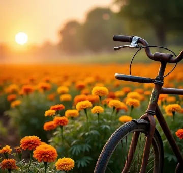 sunrise-marigold-field-bicycle-rural-scene