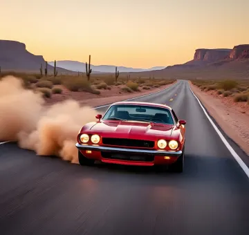 red-vintage-muscle-car-desert-road-sunset-burnout