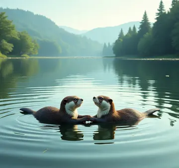 two-river-otters-holding-paws-lake-nature-scenery