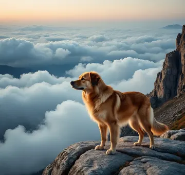 golden-retriever-mix-dog-mountain-sunset-clouds