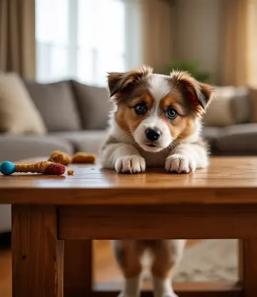 cute-tricolor-puppy-on-coffee-table