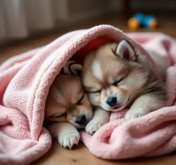 two-fluffy-puppies-sleeping-under-pink-blanket.