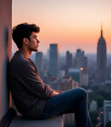 young-man-city-skyline-sunset-reflection