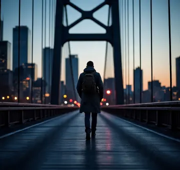 man-walking-bridge-city-skyline-night