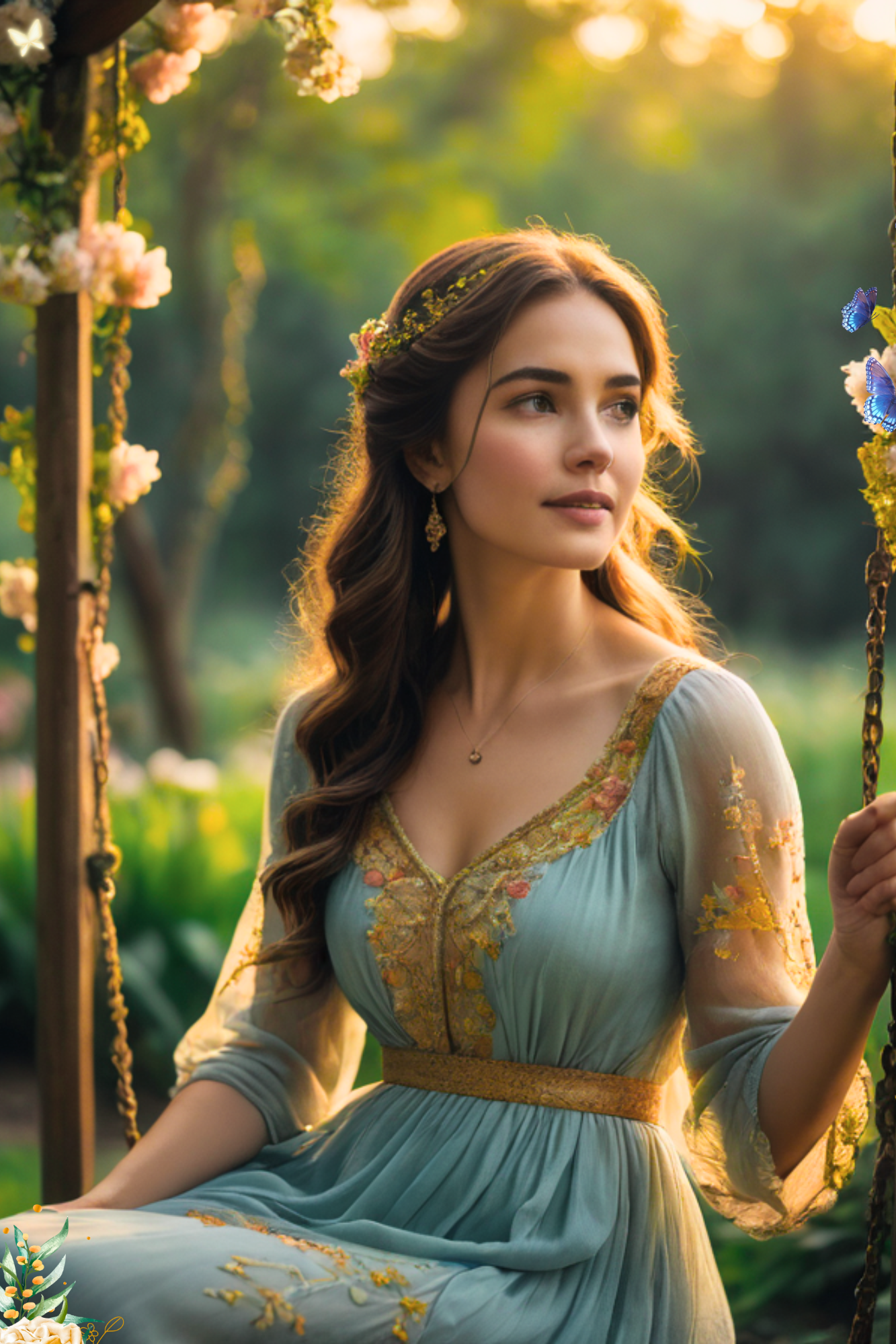 fantasy-woman-swing-garden-sunset-golden-light