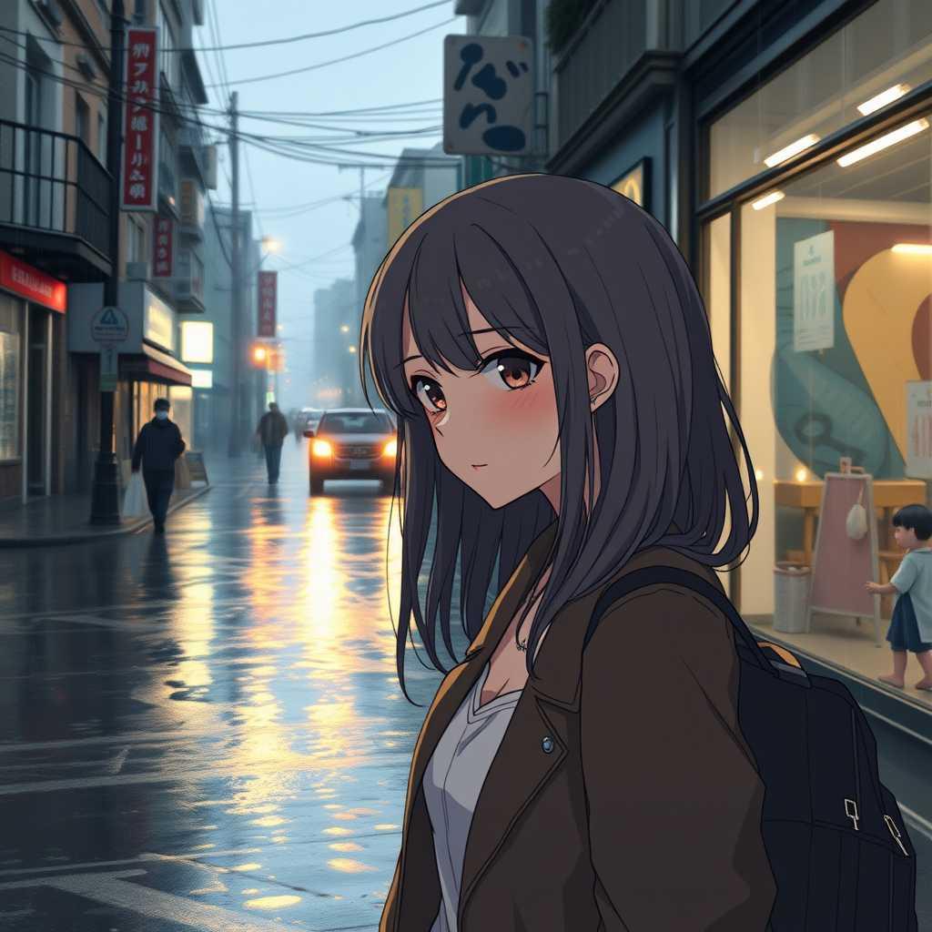 Sad woman in a rainy street
