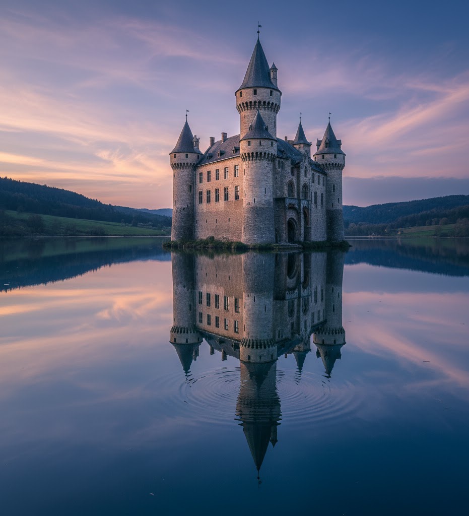 fairytale-castle-lake-sunset-reflection